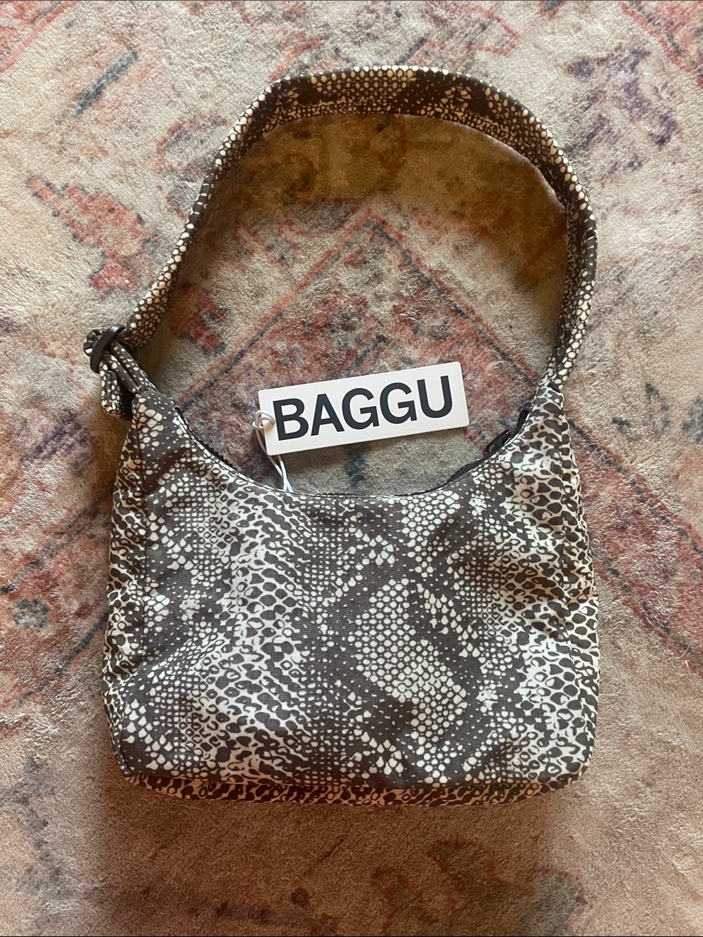BAGGU Snake-Print Mini Nylon Shoulder Bag in Brown and White